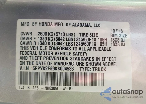 2019 Honda Ridgeline Rtl-T из США, поврежденный, VIN 5FPYK2F69KB004533